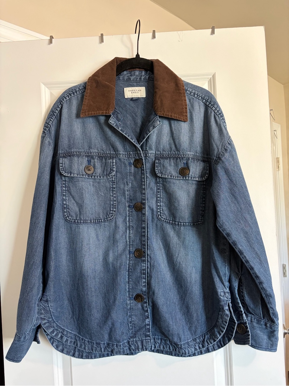 American Eagle Outfitters Blue Denim Button Up with Brown Corduroy Collar